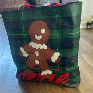 Aerie Holiday Christmas Tote Bag with Gingerbread Plaid Design